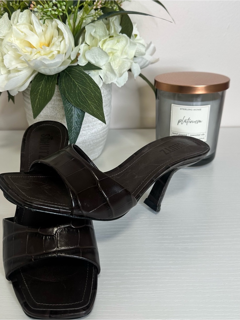 Schutz Chocolate Brown Croc Embossed Square Toe Mule Heels Size 6.5